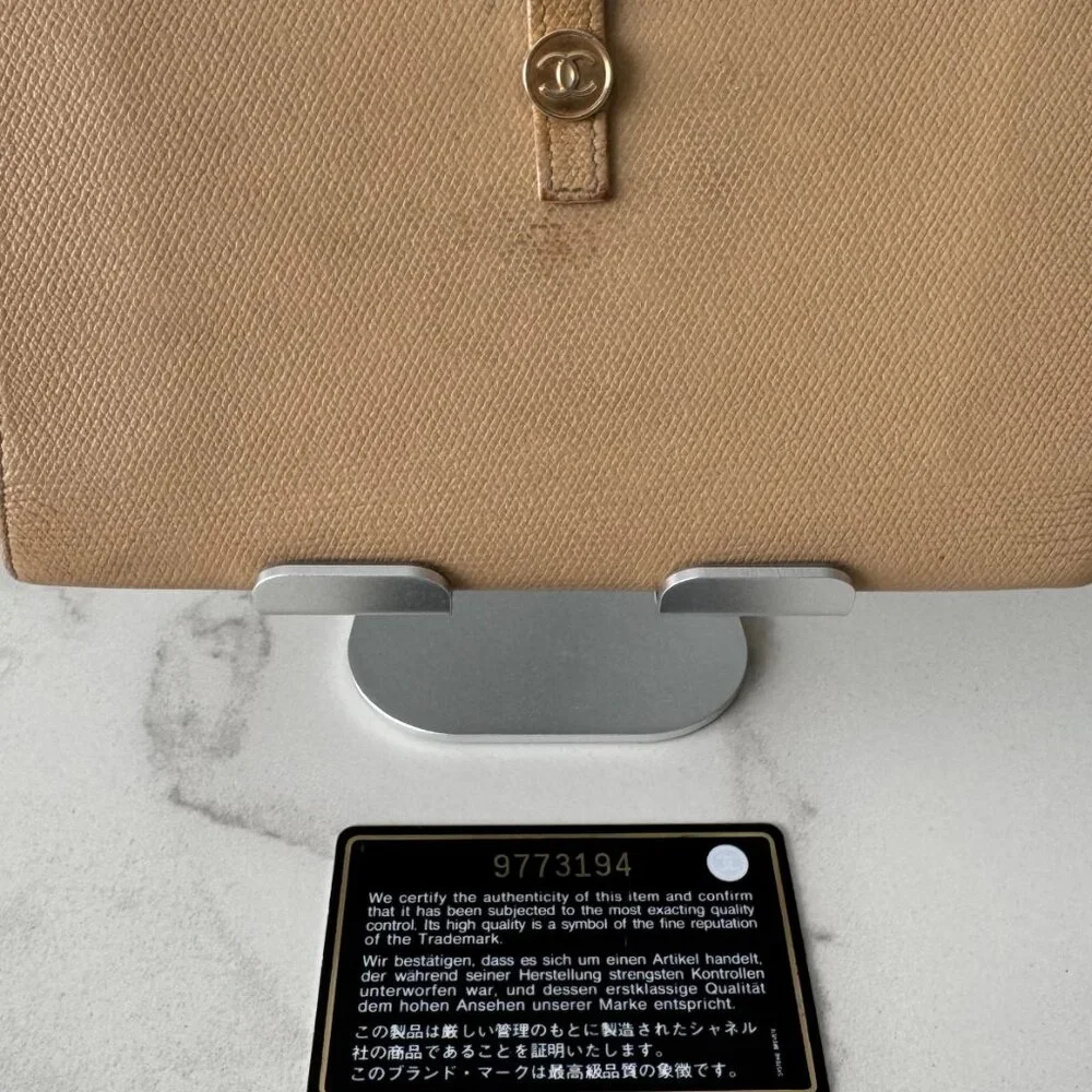 Chanel Vintage Coco Button Bifold Long Wallet Beige Caviar Leather